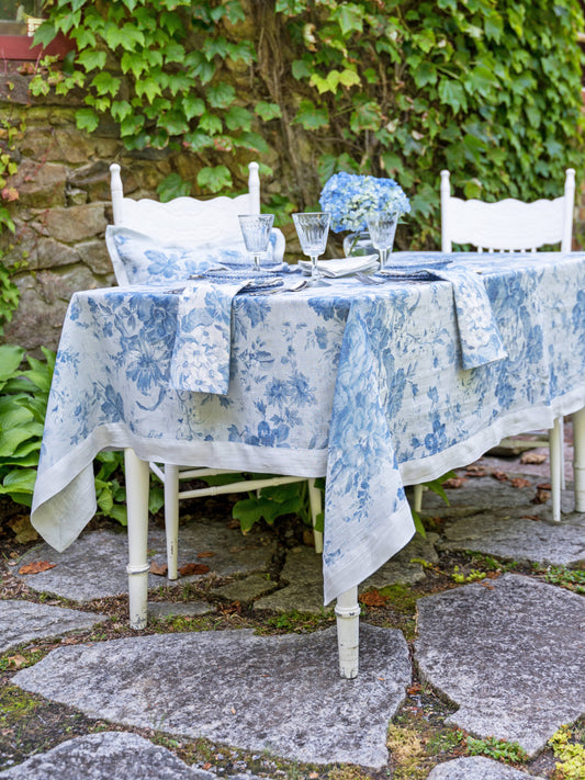 Blue Rose Linen Tablecloth 58x92
